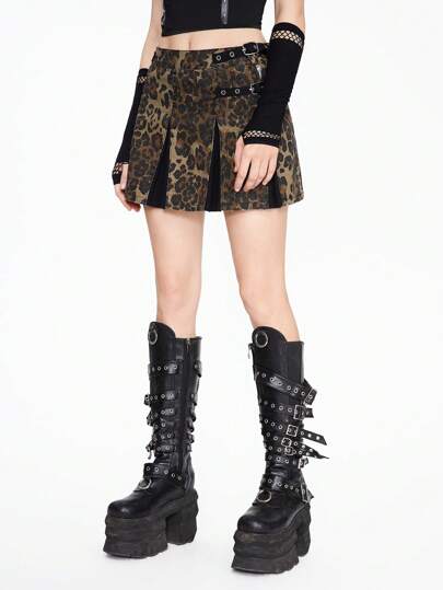 Grunge Punk Jupe mini en denim déchiré à imprimé léopard pour femmes