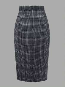 EARO French Retro Women Casual Minimalist Comfortable Daily Versatile Single-Breasted Houndstooth Pleated A-Line Skirt, High Cinched Waist Elastic Waist, Elegant Loose OL Professional Bodycon Skirt, Spring/Autumn - Black - View 2