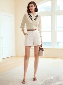 MOTF PREMIUM LINEN CONTRAST EMBROIDERY FLORAL SHIRRED FRILL MOCK NECK FLARE SLEEVE BLOUSE