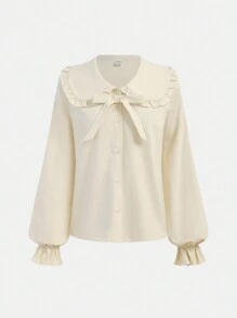 SHEIN Teen Girl Bow Ruffle Collar Lantern Sleeve Casual Blouse - Beige - View 5