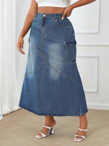 SHEIN Essnce Chân váy denim cài nút cỡ lớn có túi - Rửa tối - Xem 5