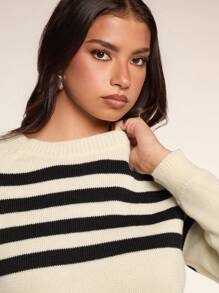 Zolique 女士休闲简约圆领黑白条纹长袖毛衣，针织套头衫，秋冬款 - 白色 - 查看 5