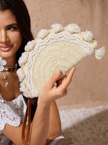 SHEIN VCAY 休闲草编半圆形腕包 - 米色 - 查看 3