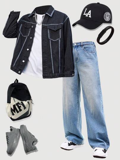 SHEIN 青少年男孩时尚休闲黑色舒适宽松牛仔长袖夹克，适合日常穿着和秋装