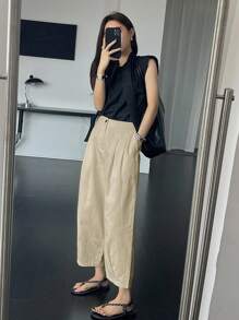 DAZY 女士纯色前扣简约休闲长裤，教师裤 - 卡其色 - 查看 2