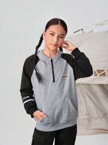 SHEIN 青少年女孩时尚休闲复古图案连帽运动衫，正面带拉链，适合上学、户外、露营、秋冬季 - 淺灰色 - 查看 6