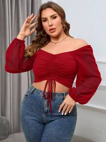 SHEIN Essnce Áo thun dài tay hở vai màu trơn cỡ lớn cho nữ - Màu Đỏ Sâu - Xem 6