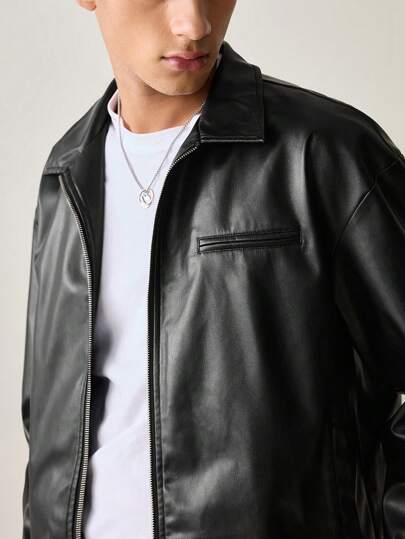 SWAVVY Men's Fashionable Daily Casual PU Leather Fitted Long Sleeve Jacket, Urban Black Jacket, For Friends, Husband, Boyfriend Gifts, Grunge, Couple Things