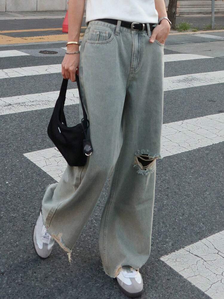 Women Vintage Distressed Pocket Wide Leg Jeans