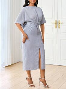 SHEIN Lady 秋冬假日连衣裙休闲优雅工作侧条纹单件袖女装