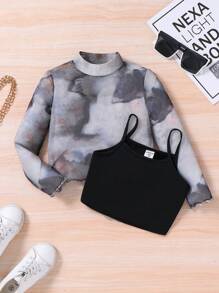 SHEIN Leap Crew Young Girl 2pcs/Sets  Tie Dye Mock Neck Lettuce Trim Sheer  Knit Mesh Tee & Cami Top ,Cool Young Girl - Multicolor - View 2