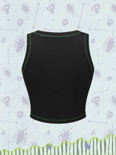Beetlejuice | ROMWE Camiseta de tirantes de ajuste ceñido con estampado de figuras y letras, costuras de contraste, informal, para el verano