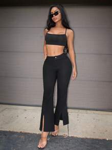 Zolique Women's Solid Color Front Button Minimalist Flare Pants, Casual Everyday Wear Fall Cloth For Women - Black - View 6