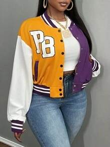 Slaydiva Plus Size Contrast Color Block Casual Sports Jacket Bomber Coat, Autumn - Multicolor - View 5