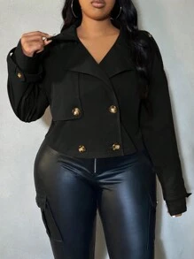 SHEIN SXY Plus Size Women's Double-Breasted Trench Coat With Button Decoration