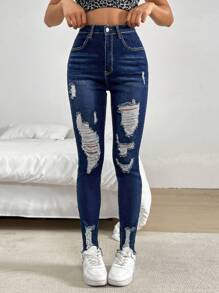 SHEIN Essnce Quần Jeans Skinny Jeans Xanh Denim Cho Nữ - Rửa tối - Xem 1