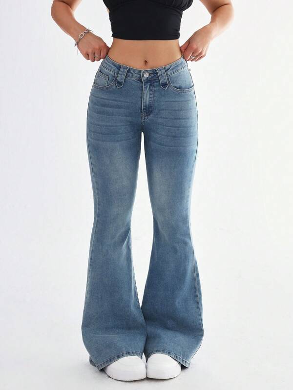 SHEIN EZwear Women's Solid Color Flare Leg Jeans With Pockets