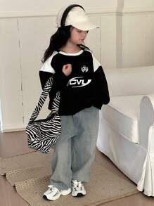 Dazy Kids Young Girl Crew Neck Knit Thermal Lined Colorblock Sweatshirt, Fall - Black and White - View 7