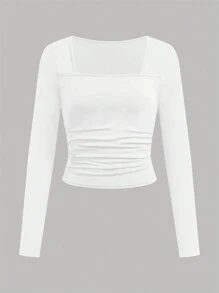 SHEIN Juego de 3 camisetas de manga larga de cuello cuadrado fruncido que combina con todo, en negro, marrón y blanco, 3 piezas, compra 1 y llévate 2 gratis para adolescentes