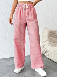 SHEIN PETITE Damen Gerade geschnittene Hose mit Bundschlaufe und Nadelstreifen - Rot-Weiß - Übersicht 4