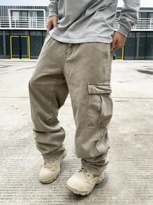 Manfinity EMRG Men's Cargo Pocket Wide Leg Casual Loose Fit Jeans, Plain Olive Green Long Baggy Washed Cargo Jeans, For Husband, Boyfriend Gifts Going Out Hang Out Vacation Urban College - Grey - View 5