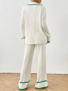 Chiquease Áo len dài tay cổ màu tương phản và quần dệt kim cho nữ, trang phục thường ngày, mùa thu đông - Màu be - Xem 2