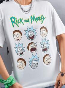 Rick and Morty X SHEIN FALL Multiverse White Loose Shoulder Portrait Print T-Shirt