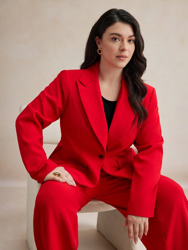 BizChic Conjunto de traje de negocios elegante de talla grande para mujer, con chaqueta de solapa y pantalones rectos, trajes rojos para mujer, atuendos de mujer para otoño e invierno