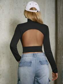 SHEIN Unity Women's Solid Color Turtleneck Backless Slim Long Sleeve T-Shirt Fall Cloth For Women - Black - View 1