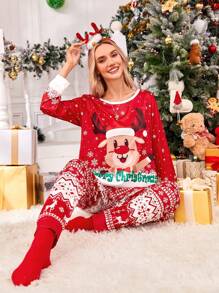 SHEIN 2 件女士简约时尚圣诞驯鹿费尔斯莱印花睡衣套装休闲服 - 红色 - 紅色 - 查看 1