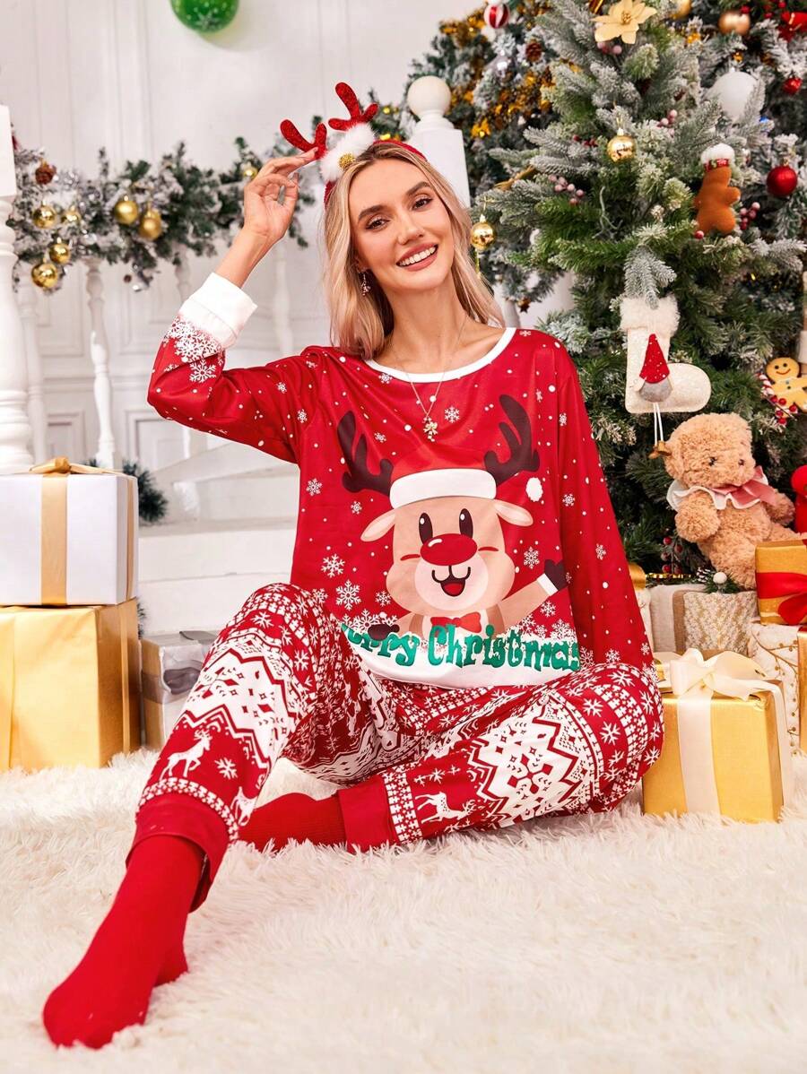 SHEIN 2 件女士简约时尚圣诞驯鹿费尔斯莱印花睡衣套装休闲服 - 红色 - 紅色 - 查看 1