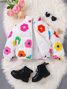 SHEIN Young Girls' Cute Colorful Floral/Flower Pattern Holographic Zip Up Thermal Padded Coat,Great For Casual & Daily Wear & School Daily In Summer & Autumn - Multicolor - View 6