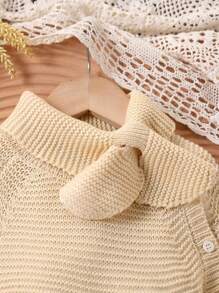 女宝宝秋冬蝴蝶结针织围巾毛衣和针织裙可爱 2 件套 - 米色 - 查看 4