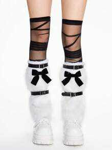 ROMWE Anime 1 Set Includes: 1 Pair White Bow Furry Leg Warmers + 1 Pair Over-The-Knee Socks + 2 Pairs Leg Rings, Y2K Punk Style Accessories For Women - Black and White - View 4