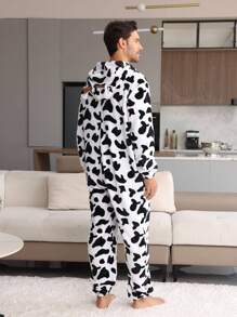 Men's Black & White Minimalist Cow Texture Pattern Fleece Long Sleeve Hooded Jumpsuit Loungewear, Family Matching - Black and White - View 2