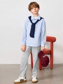 2pcs/Set Tween Boy Casual Striped Collared Button-Up Woven Shirt With Shawl, Long Sleeve