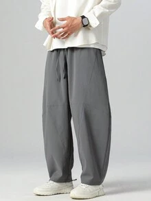 Manfinity Hypemode 纯色抽绳口袋休闲裤 - 灰色 - 查看 4