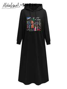 Mulvari Vestido de manga larga modesto con capucha con cordón, estampado de eslogan, para mujer, estilo casual de otoño e invierno, vestido largo tipo sudadera, otoño e invierno