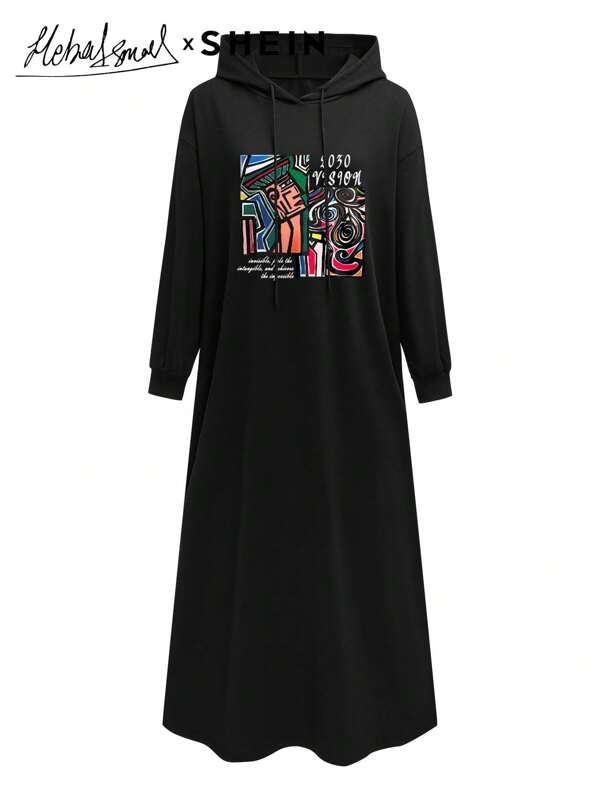 Mulvari Damen Winter & Herbst Lässig Slogan Muster Kordelzug Kapuzen Langarm Arabisches Kleid, Maxikleid Sweatshirt, Herbst & Winter