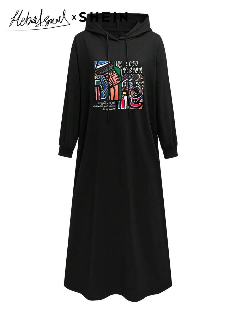 Mulvari Vestido de manga larga modesto con capucha con cordón, estampado de eslogan, para mujer, estilo casual de otoño e invierno, vestido largo tipo sudadera, otoño e invierno