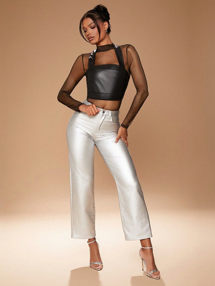 Hauture Sheer Mesh Bodysuit With Leather Top - Black - View 6