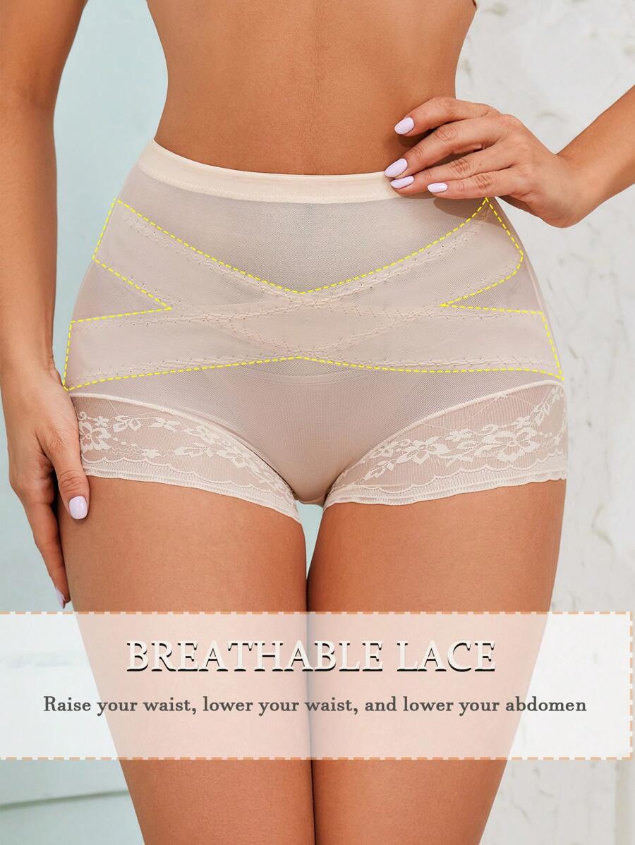 Shorts moldeadores de cintura alta con encaje de contraste para mujeres - Albaricoque - Ver 1