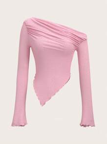 SHEIN ICON 女式纯色秋季不对称领口长袖罗纹休闲 T 恤 - 粉色 - 查看 2