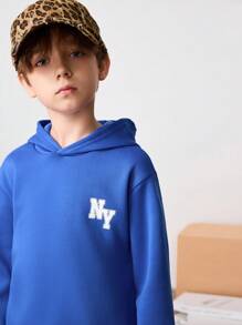 SHEIN Leap Crew 青少年男孩字母印花保暖连帽运动衫，休闲百搭，适合春秋季节