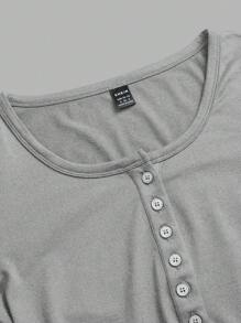 SHEIN EZwear 女士纯色前扣长袖休闲 T 恤 - 灰色 - 查看 6