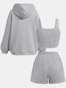 SHEIN 少女秋季休闲 3 件套：混色灰色纹理针织连帽运动衫、背心和短裤 - 灰色 - 查看 2