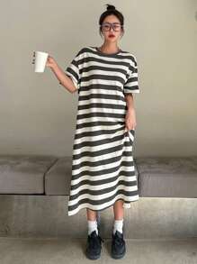 DAZY 女士条纹圆领宽松长款短袖连衣裙太阳裙