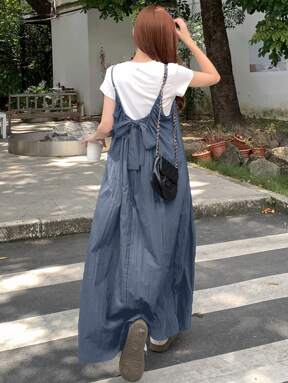 DAZY Women's Solid Backless Tie-Back Casual Dress, Summer,Fall Women Clothes