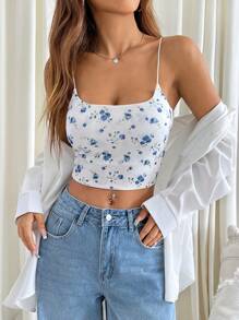 SHEIN EZwear Débardeur ajusté à fleurs mignonne pour femmes, avec rembourrage, pour l'été