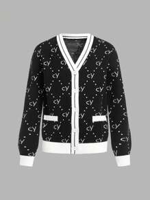 Boys' Simple Vintage-Style Contrast Trim Letter Pattern Cardigan Sweater,Black And White,Autumn,Casual,School,Back-To-School,Elegant Versatile Design - Black - View 3